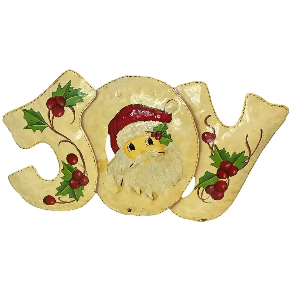 Vintage Christmas Cutout Metal Wall Art Decoration Joy Sign with Santa Face